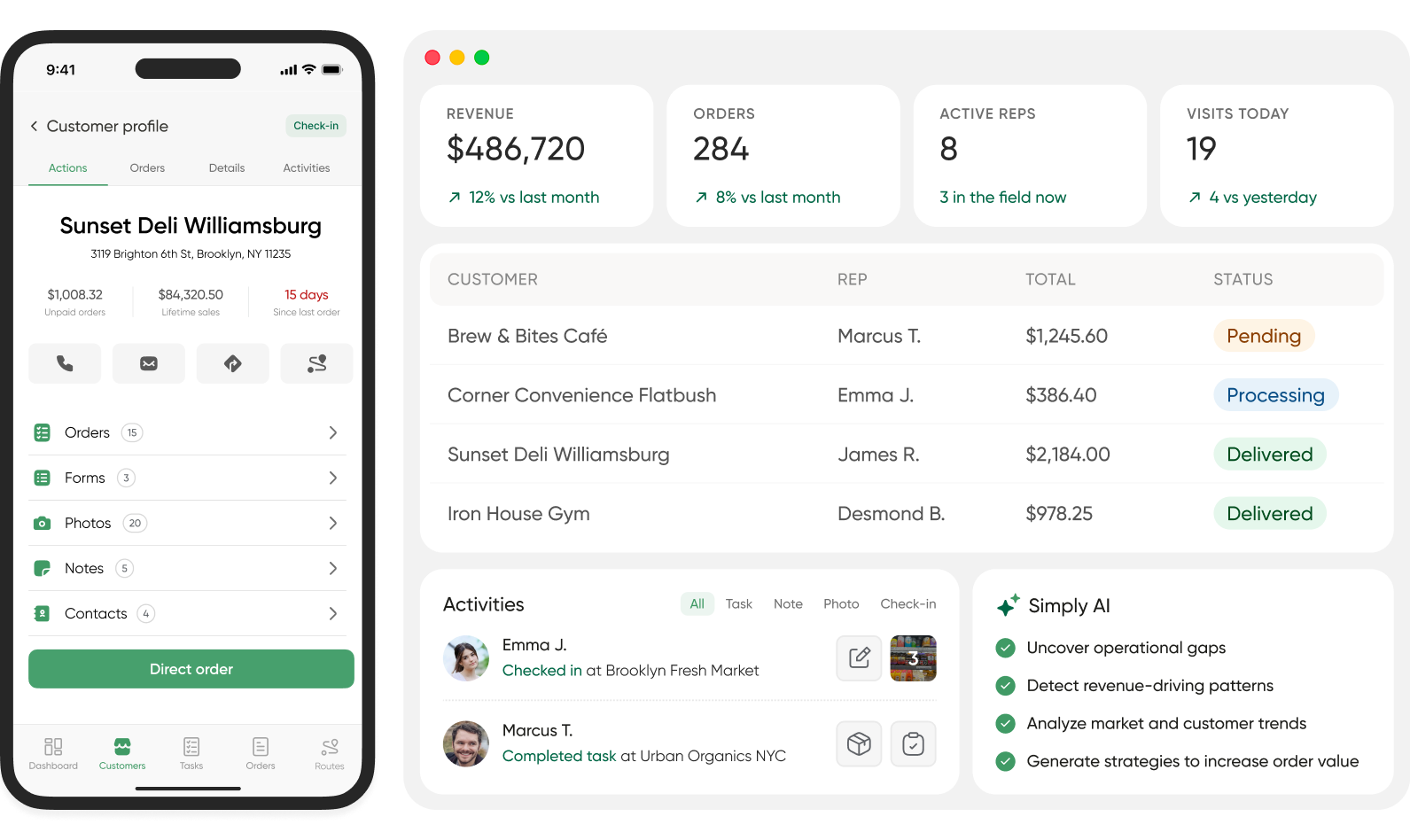 A mobile ordering app displays a cart filled with selected drinks and a prominently highlighted checkout button, while beside it, a desktop inventory dashboard showcases drink products along with their names, categories, and current stock status. Both interfaces feature a sleek, modern design for an intuitive user experience.