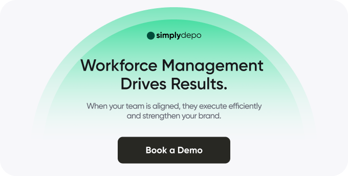 SimplyDepo green and white graphic with logo, headline on retail workforce management, and a black Book a Demo button below.