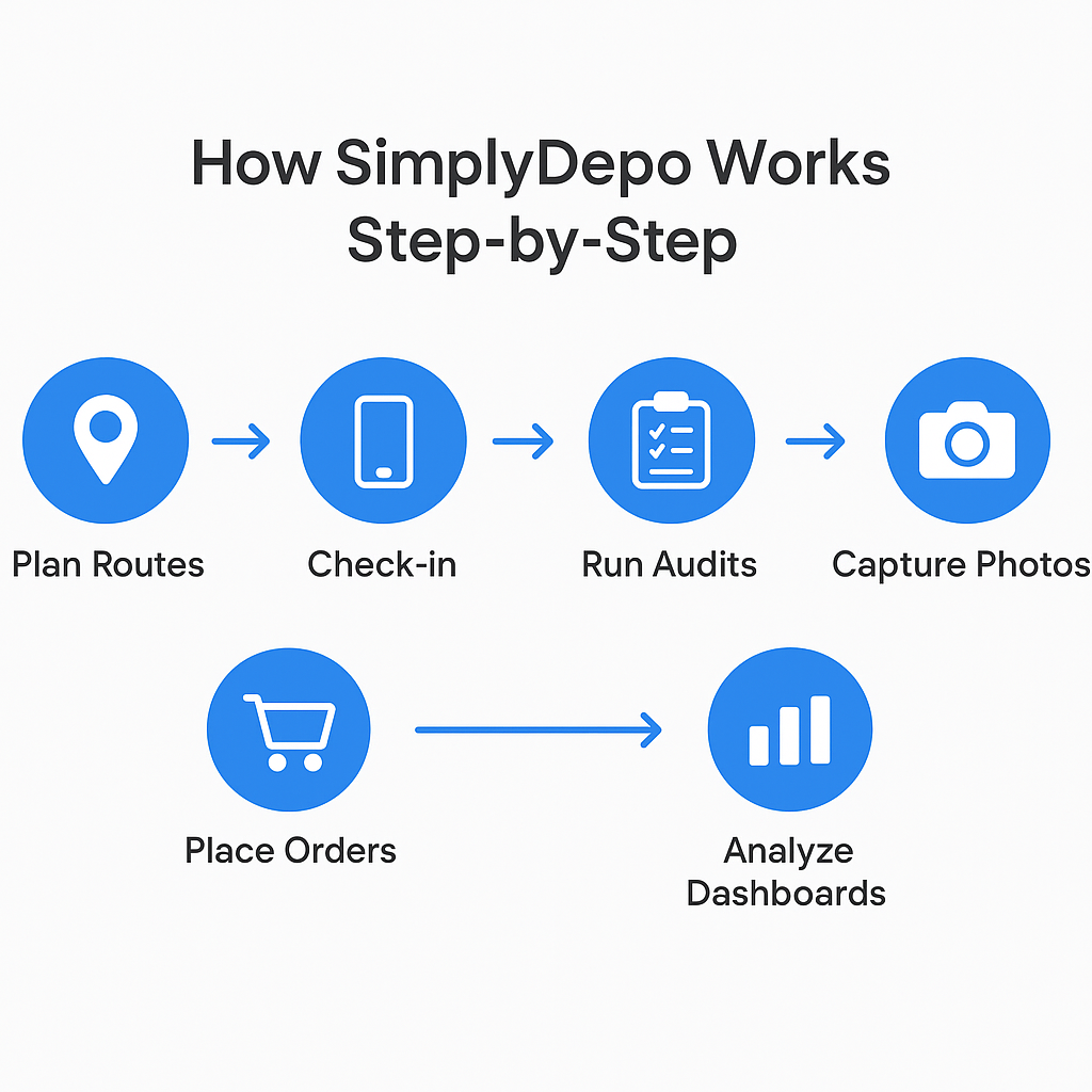 A flowchart titled How SimplyDepo Works Step-by-Step uses blue icons to illustrate each mobile retail process, from planning routes to analyzing dashboards.