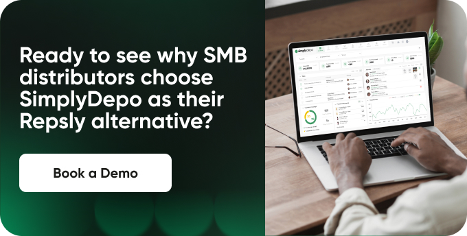 A user works on a laptop displaying business software, with text promoting SimplyDepo over Repsly and a "Book a Demo" button.