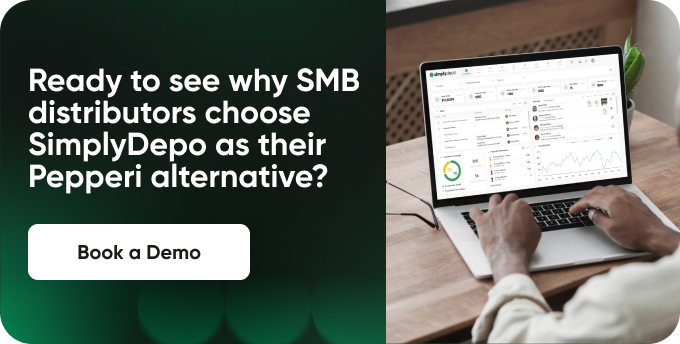 Individual viewing analytics dashboards on a laptop. Onscreen text: Discover why SMB distributors prefer SimplyDepo over Pepperi.