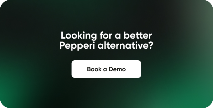 Dark green gradient background with white text: "Discover top Pepperi Alternatives." A white "Book a Demo" button appears below.
