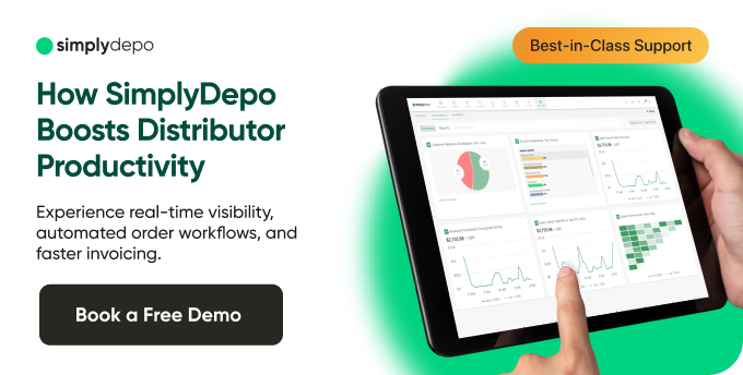 Person holding a tablet showing business analytics dashboards, with SimplyDepo’s software promo, free demo button, and support badge.