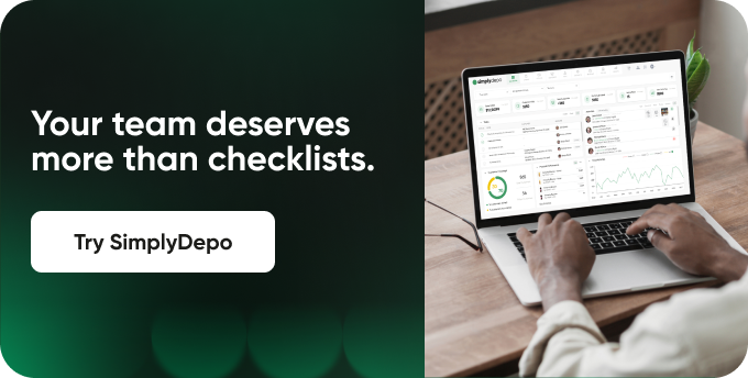 A person reviews business analytics on a laptop. Onscreen text promotes GoSpotCheck alternatives with a Try SimplyDepo button.