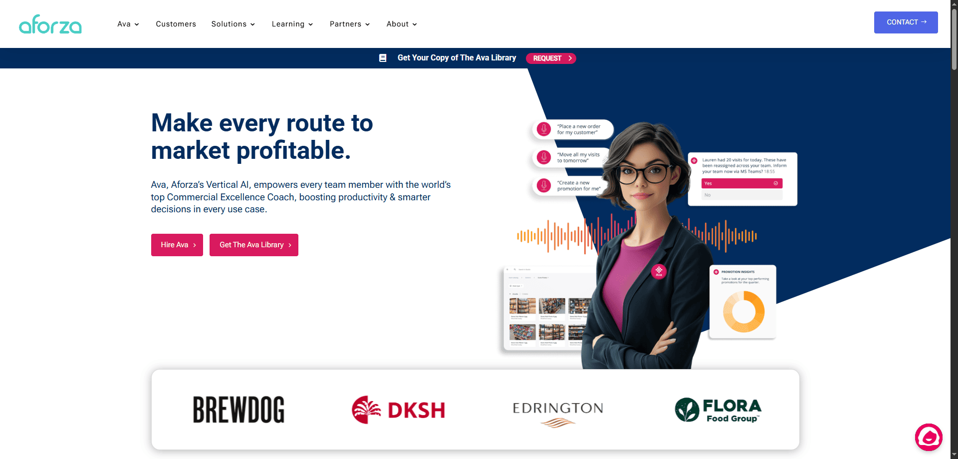 Website homepage with a confident woman in glasses and pink hoodie, Aforza solutions text, and Brewdog, Flora logos at the bottom.