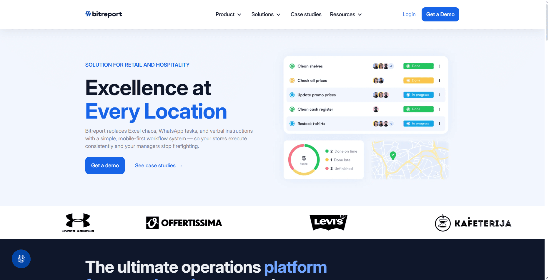 Bitreport homepage with "Excellence at Every Location" headline, 2026 retail execution dashboard, navigation bar, and client logos.