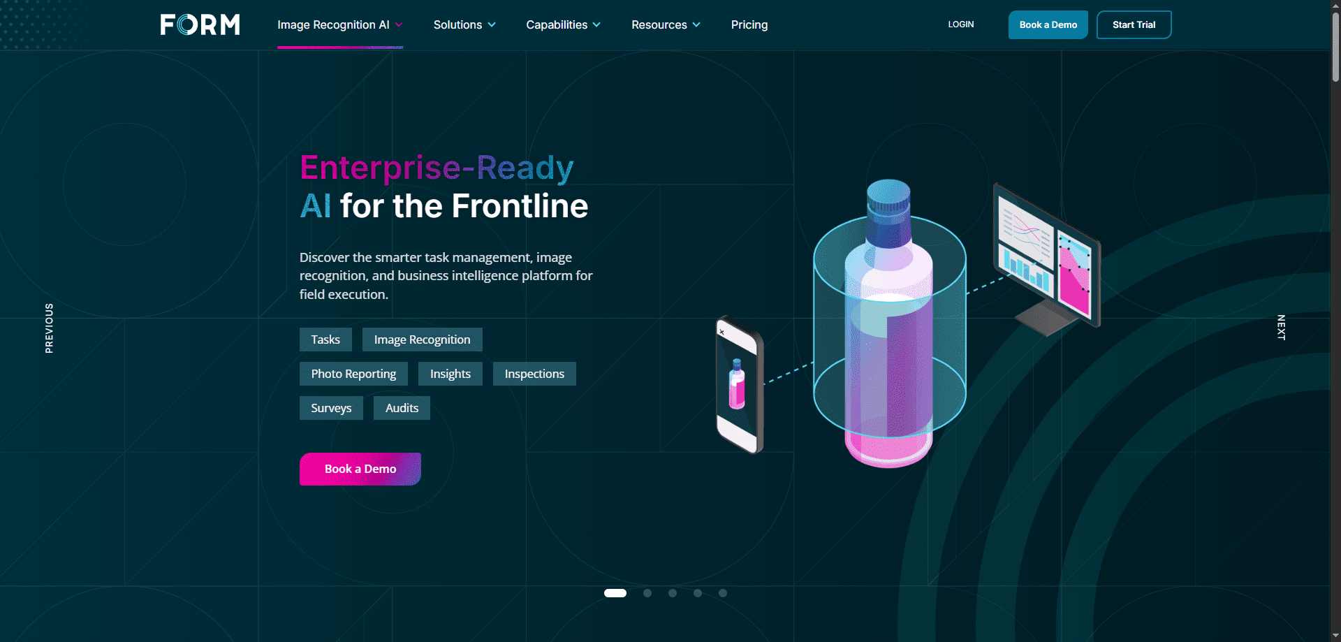 FORM website homepage displaying “Enterprise-Ready AI for the Frontline” with a 3D bottle scan, AI field tools, and demo buttons.