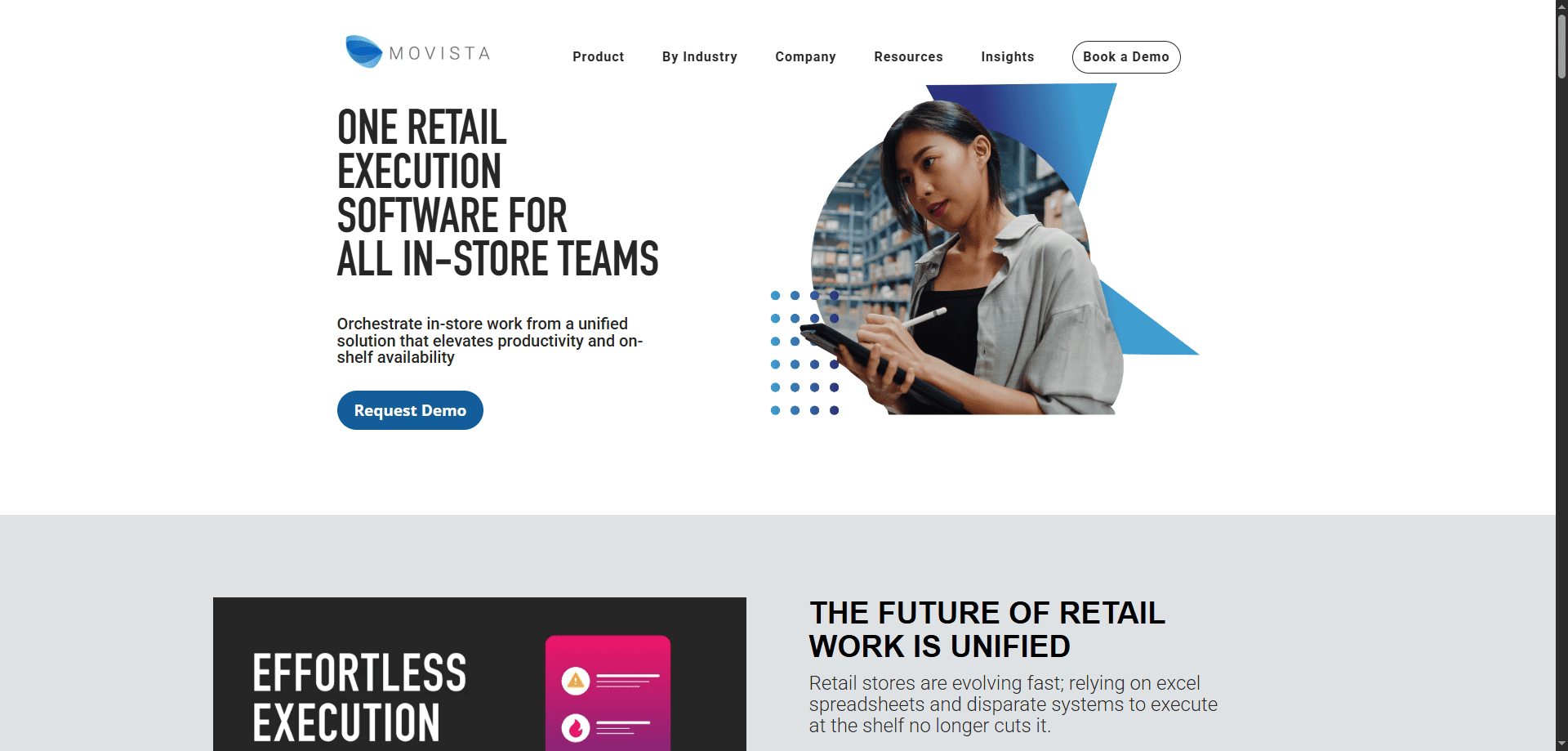 Movista homepage screenshot with a woman on a tablet, headline “One Retail Execution Software for All In-Store Teams,” and demo options.