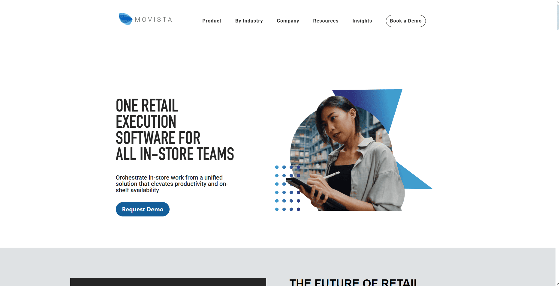 A woman stands before store shelves, holding a tablet, with Movista’s retail execution software promo and Request Demo button visible.