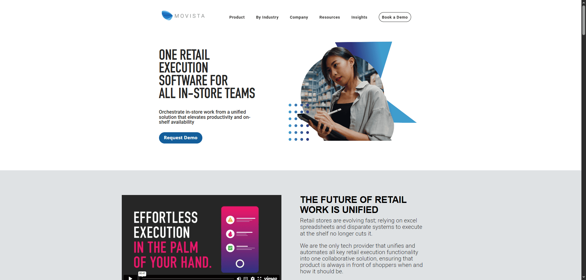 Movista homepage screenshot with unified retail execution headline, woman on tablet, Request Demo button, and CPG and retail solutions.