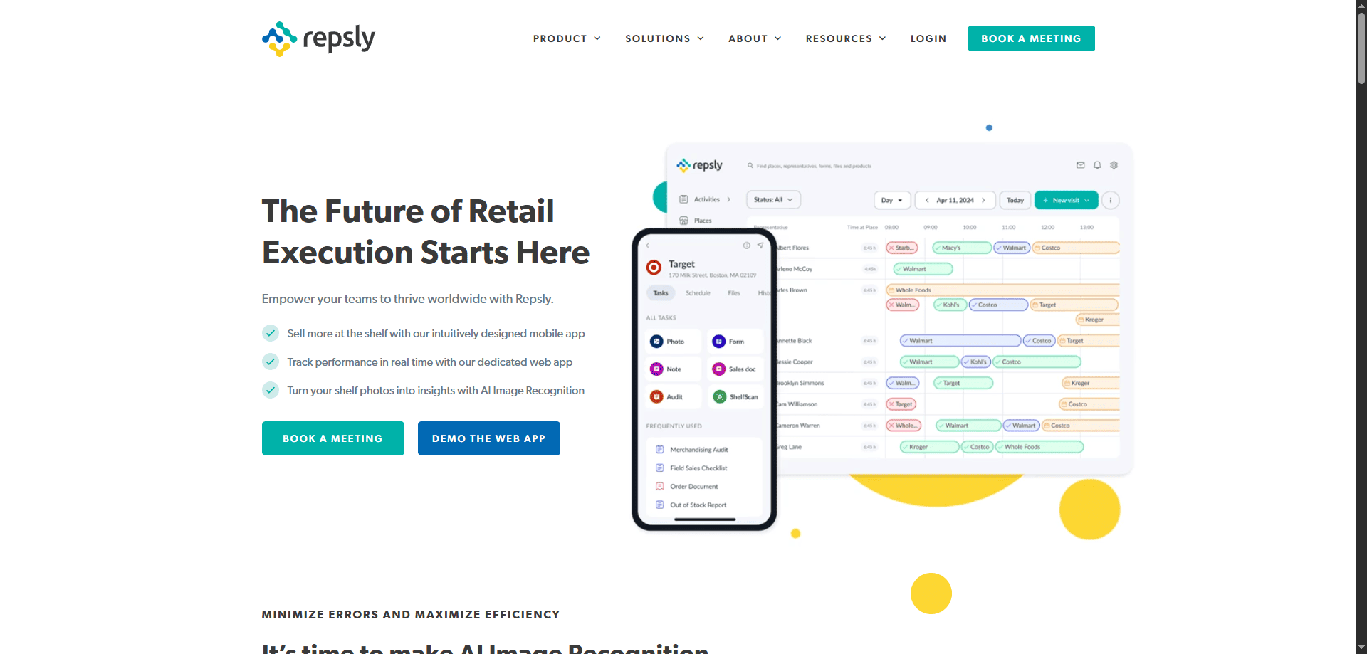Repsly homepage with "The Future of Retail Execution Starts Here" headline, sales app on phone, field team dashboard, and demo buttons.