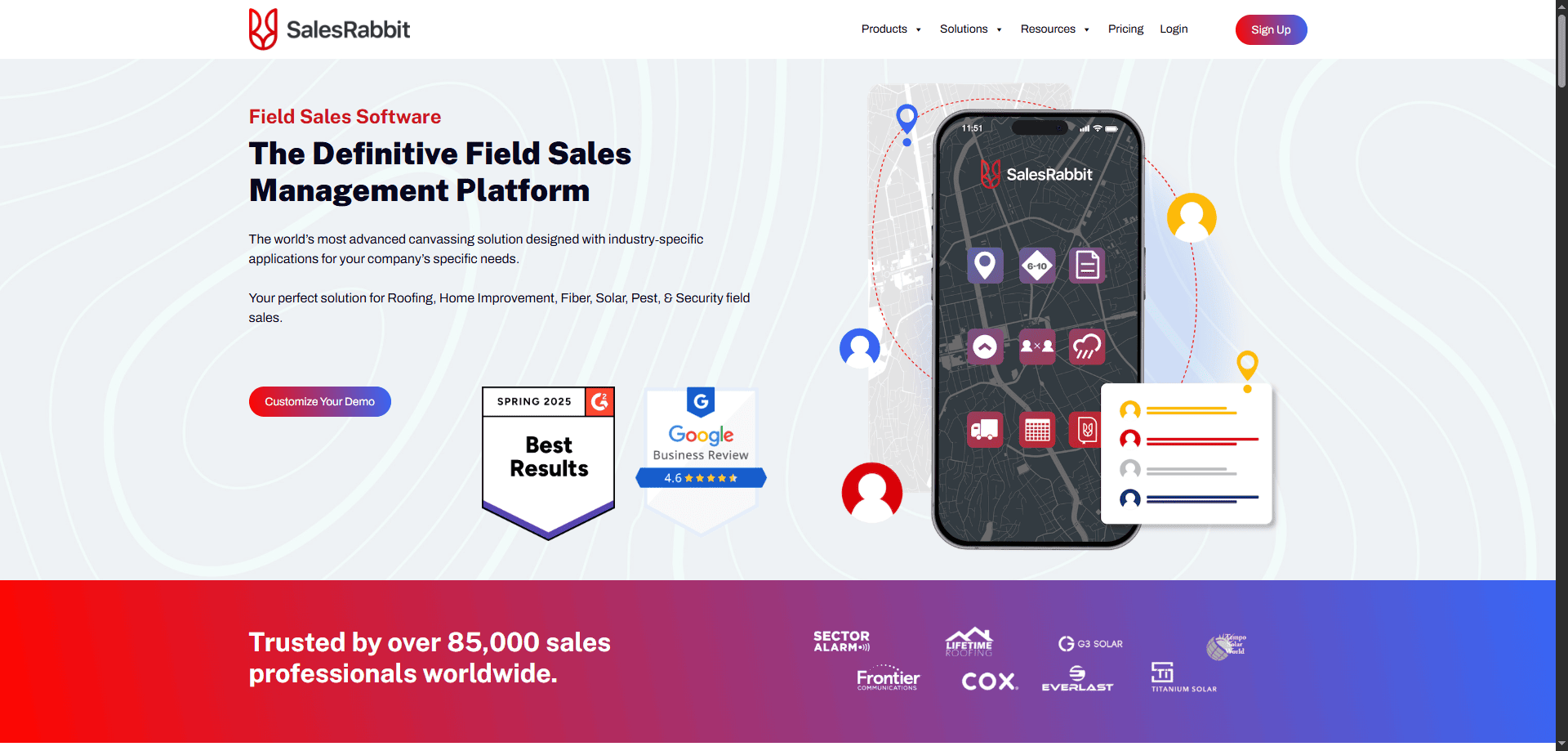 SalesRabbit homepage screenshot with phone displaying field sales map, software promotion, awards, client logos, and 85k+ users banner.