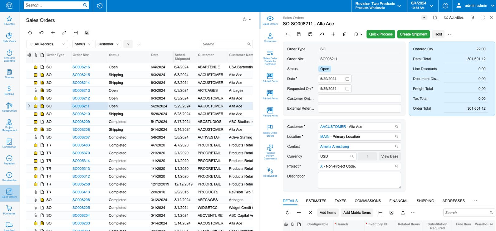 The wholesale distribution software dashboard shows sales orders on the left and detailed order info, totals, and status on the right.
