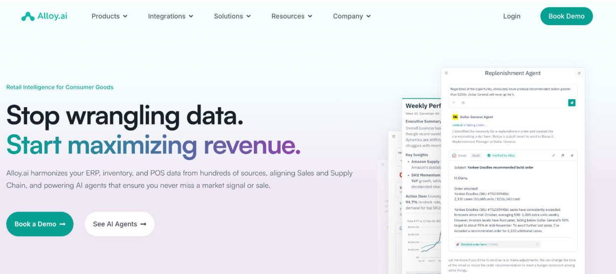 Alloy.ai homepage screenshot with headline "Stop wrangling data. Start maximizing revenue," demo and AI agent buttons, chat window.