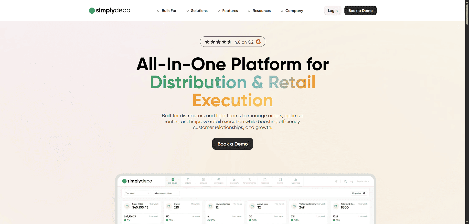 SimplyDepo homepage screenshot showing its unified platform for reps and retail execution, with a Book a Demo button and top navigation.