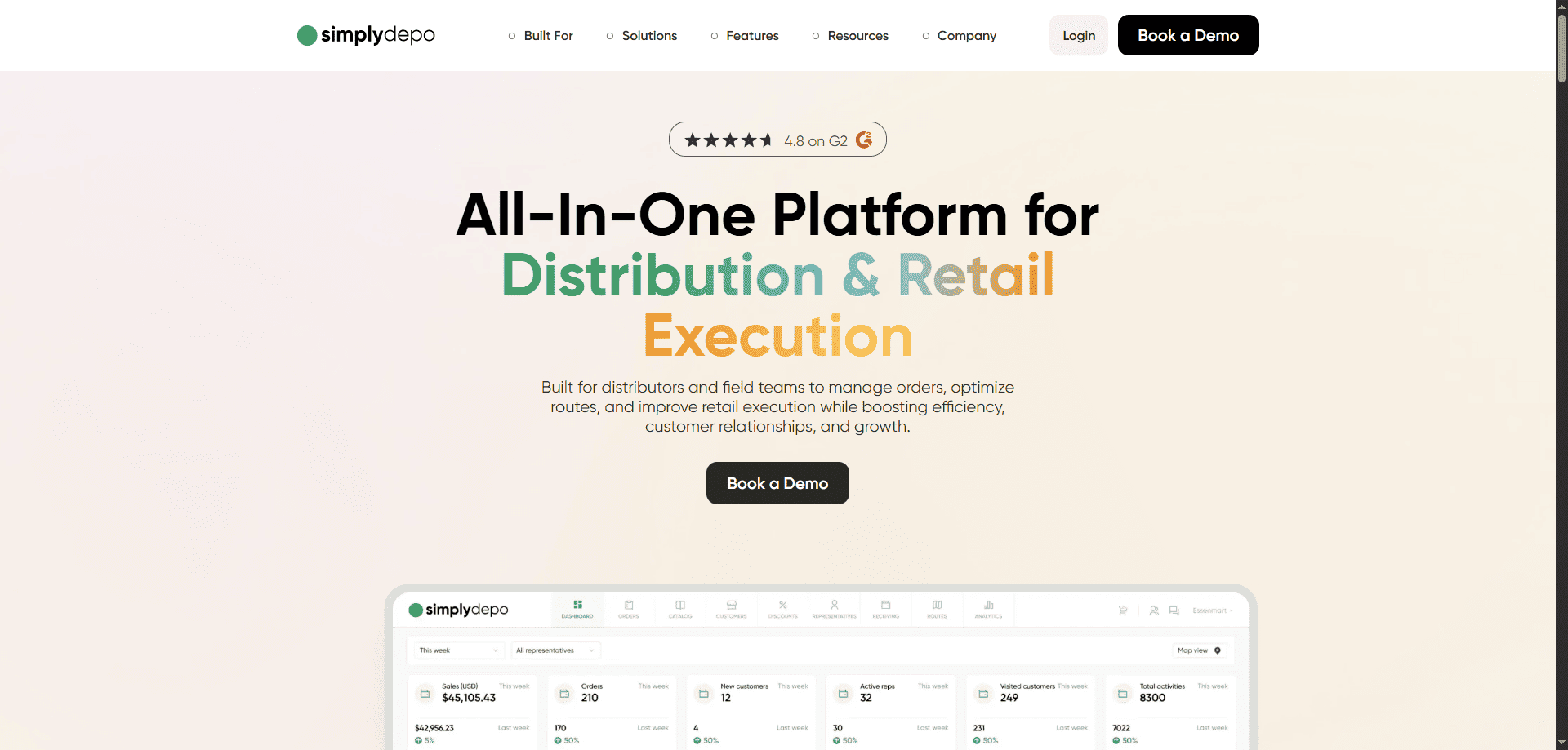 SimplyDepo homepage with "All-In-One Platform for Distribution & Retail Execution," Book a Demo button, beige background, and nav menu.