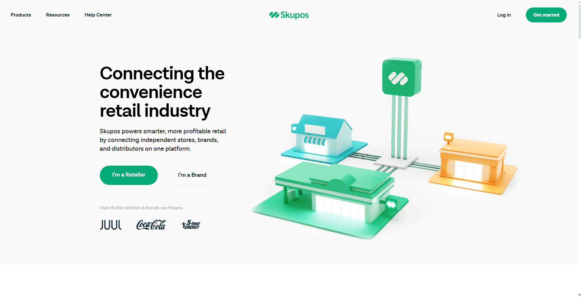 Skupos homepage with 3D retail stores, gas pumps, and text on convenience industry; includes navigation, login, Get Started for 2026.