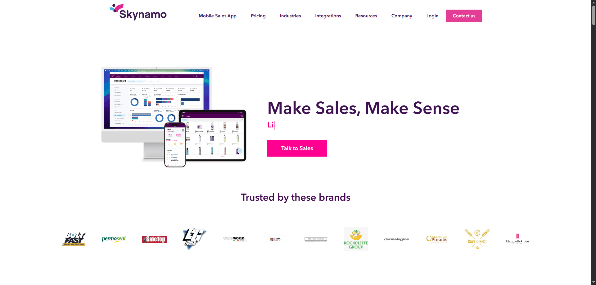 Synamo homepage featuring the "Make Sales, Make Sense" slogan, sales contact button, dashboard mockups, and trusted brand logos.