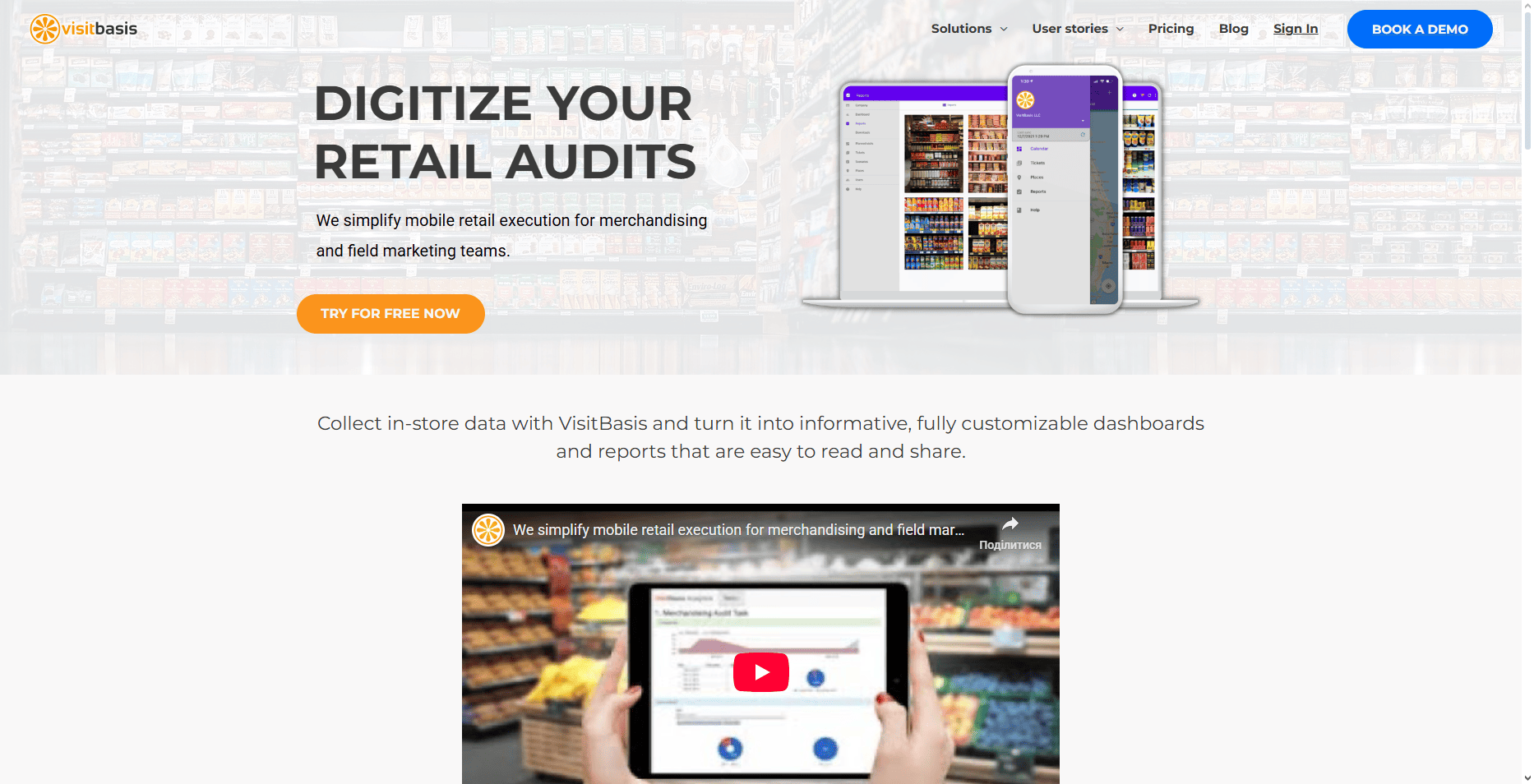 VisitBasis homepage screenshot showing retail audit digitization tools, demo video, Try Free button, mobile devices, and supermarket backdrop.