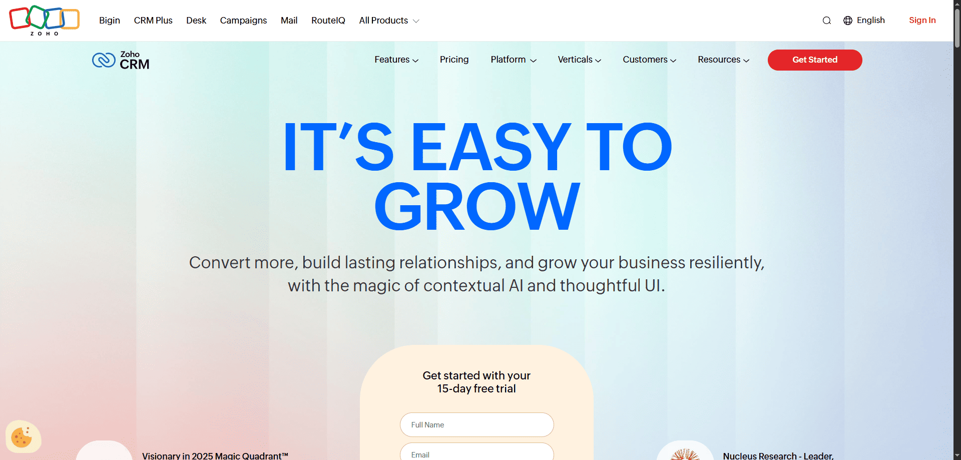 Zoho CRM homepage with "It's easy to grow" in bold blue, AI business relationship subheading, and 15-day trial form for field reps.