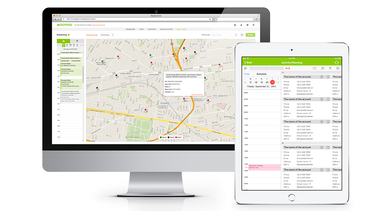 A desktop shows Wholesale Distribution Software with city map and location pins, while a tablet displays scheduled activities in a table.