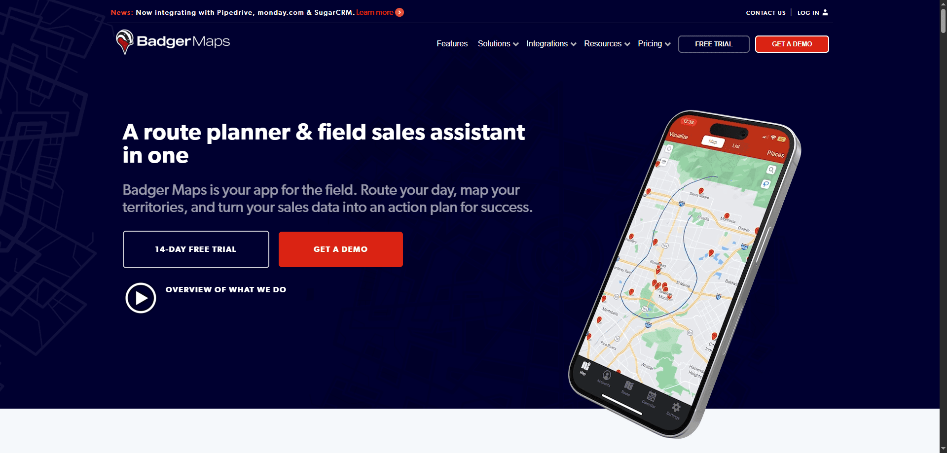 Badger Maps homepage screenshot with a phone displaying a map app, free trial and demo buttons, and sales route optimization features.