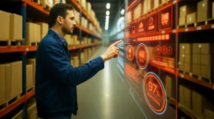 A warehouse worker uses a transparent digital screen - Multi Channel Order Management