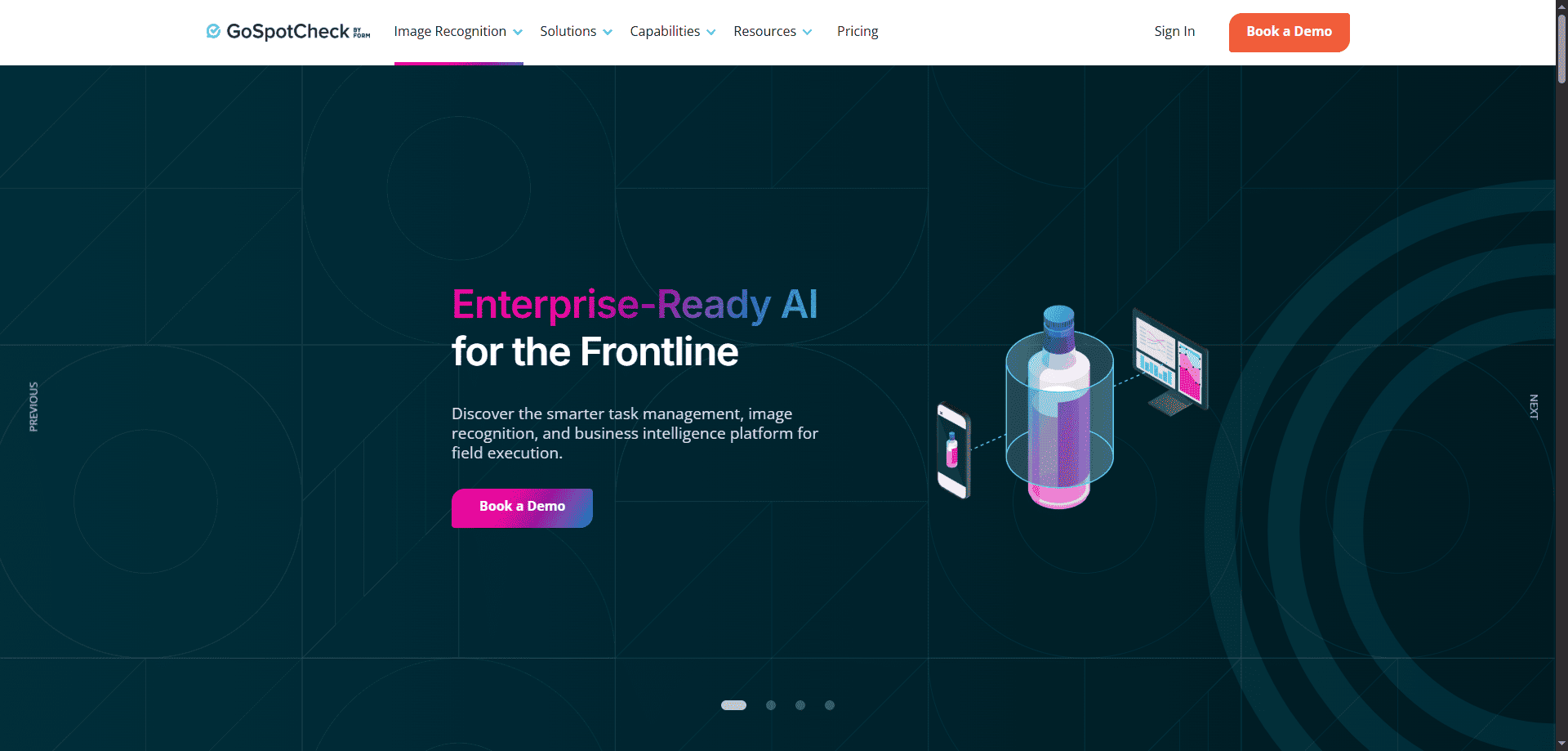 GoSpotCheck homepage with Enterprise-Ready AI messaging, book a demo button, digital illustration, and navigation for sales mapping.