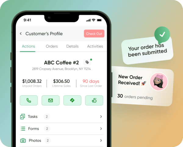 A smartphone shows ABC Coffee #2’s profile in sales software with sales data, last sale date, tasks, and a fast order notification.