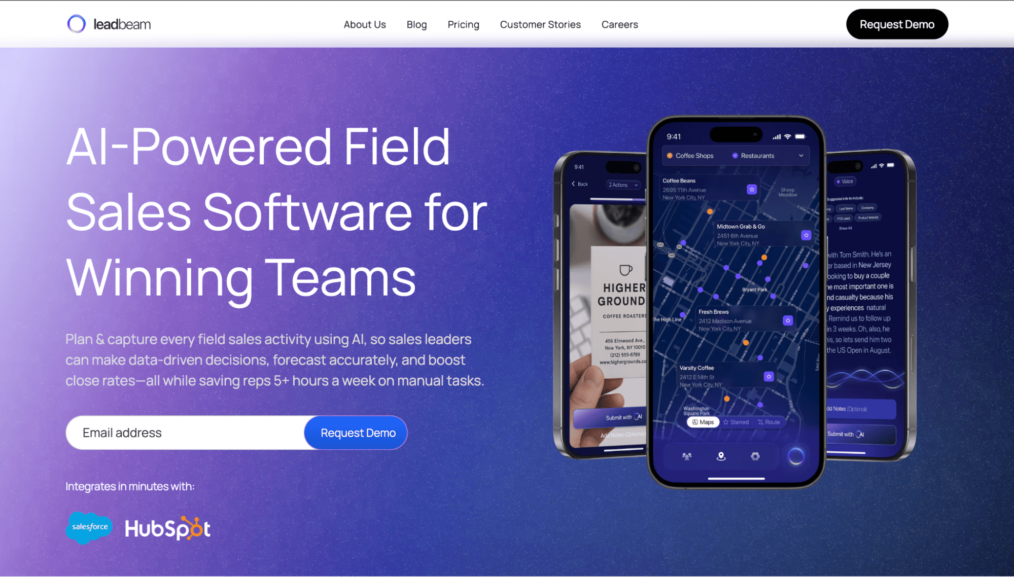 Leadteam homepage with “AI-Powered Field Sales Software” headline, two smartphones showing the app, and a demo request form below.