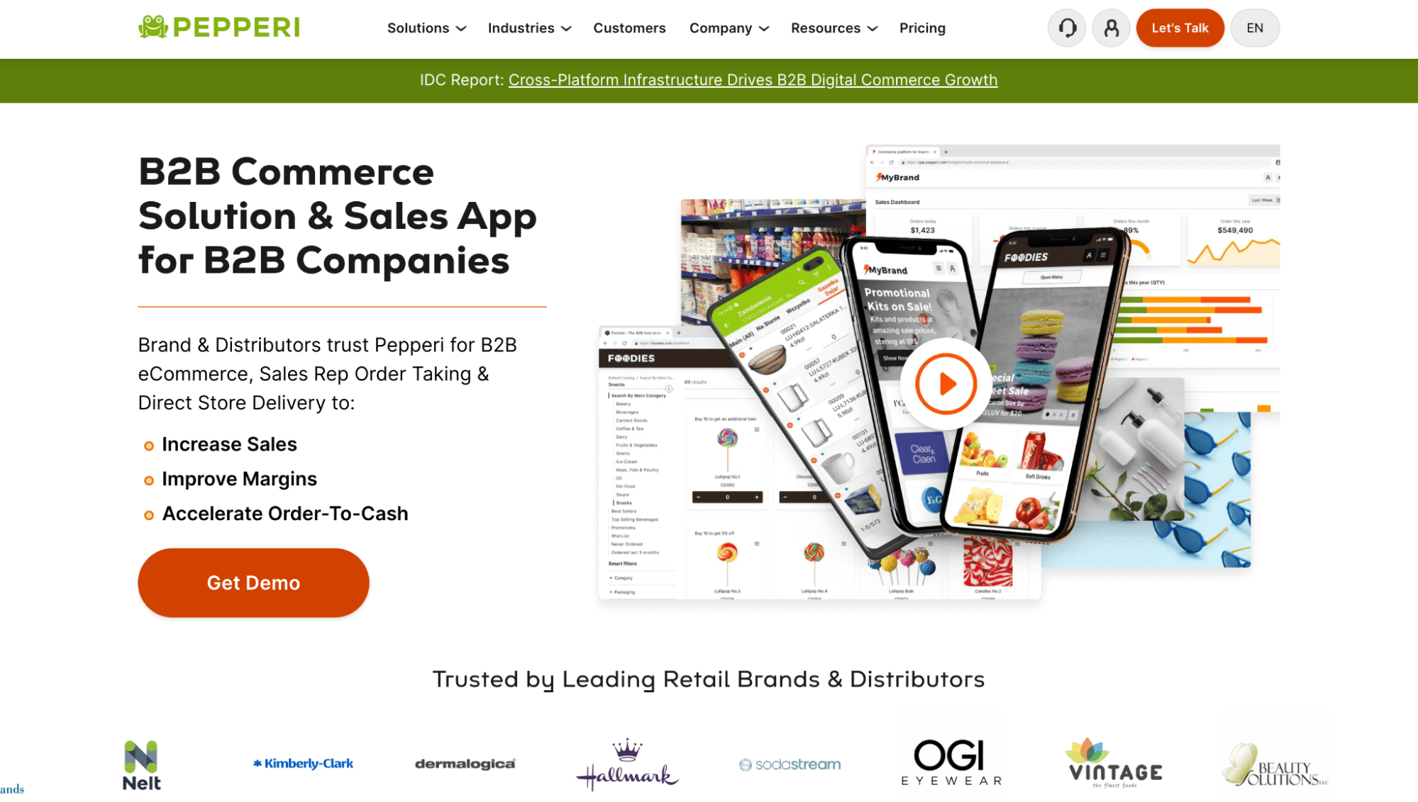 Pepperi homepage displays B2B commerce software on multiple devices, features fast order tools, brand logos, and an orange Get Demo button.