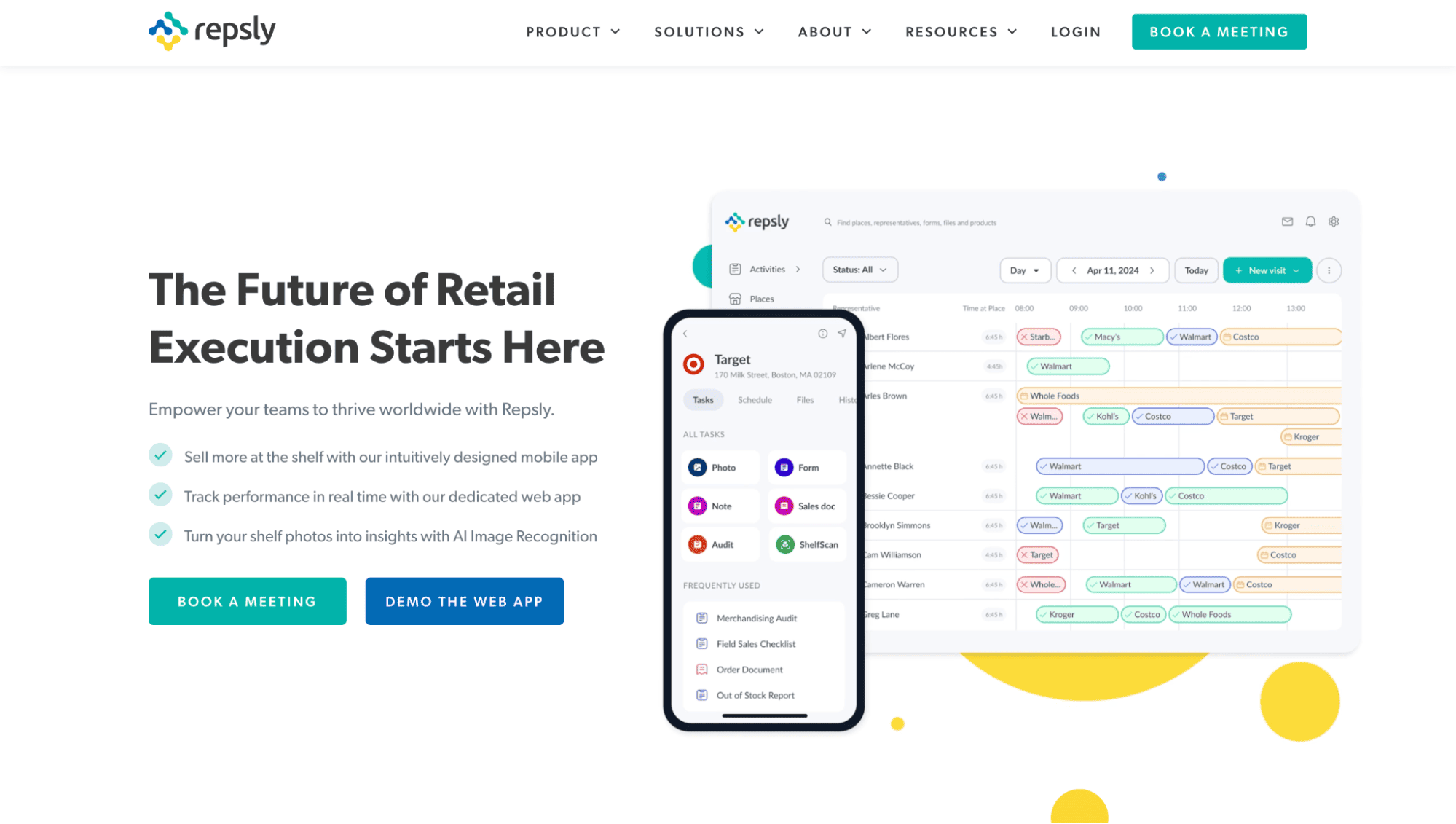 Repsly homepage showcases sales productivity software, a book demo button, and top mobile and web UI screenshots for faster orders.