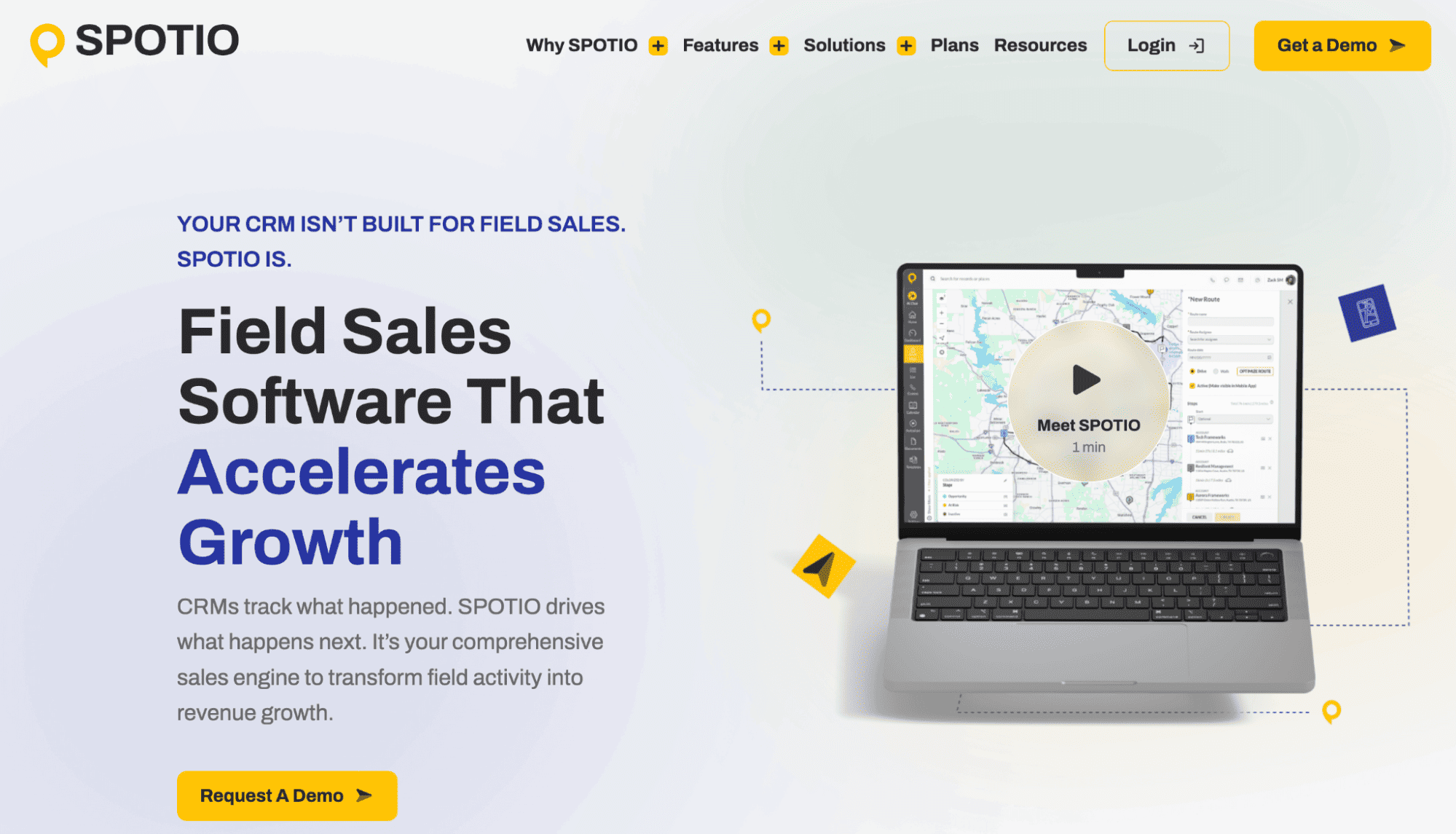 SPOTIO sales software homepage featuring a laptop with map and dashboard, growth features, demo request buttons, and top navigation.