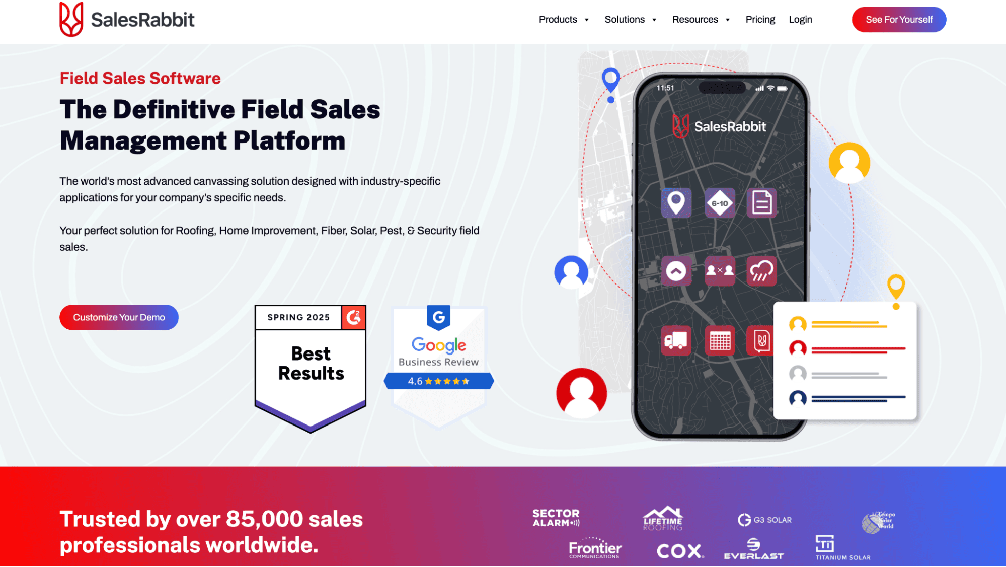 SalesRabbit homepage screenshot with mobile map graphic, product info, award badges, and red banner trusted by 85K+ sales pros.