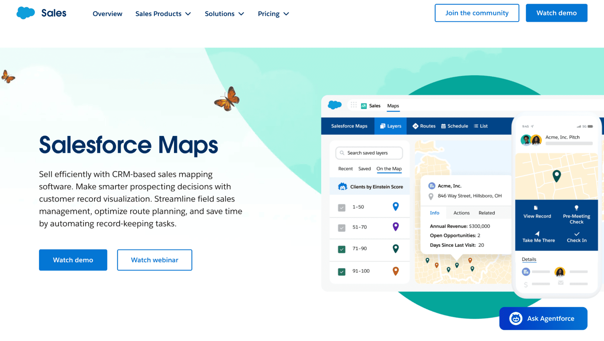 Salesforce Maps webpage with right-side map demo, left text on top CRM sales software, menus and CTA buttons, butterfly graphic nearby.