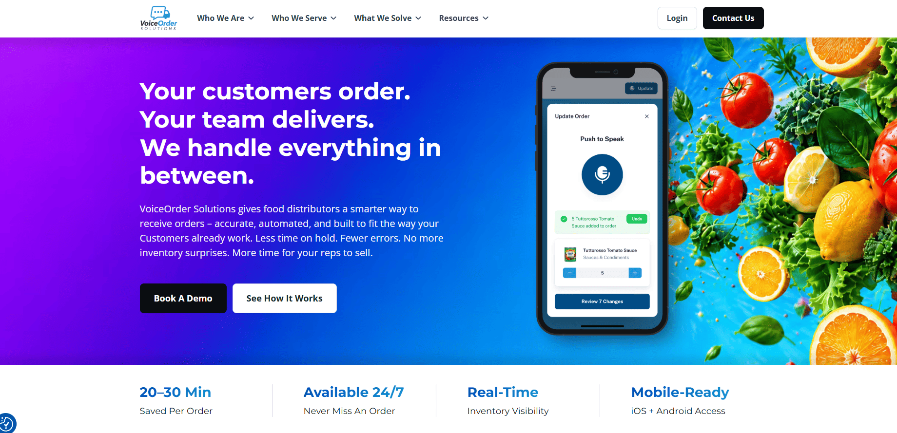 The homepage of a modern food distribution website displays the tagline “Your customers order. Your team delivers. We handle everything in between.” A sleek, high-tech food distribution software interface is featured, with a mobile app shown on the right side of the screen. On the left, prominent “Book a Demo” and “See How It Works” buttons invite visitors to explore the platform’s features.