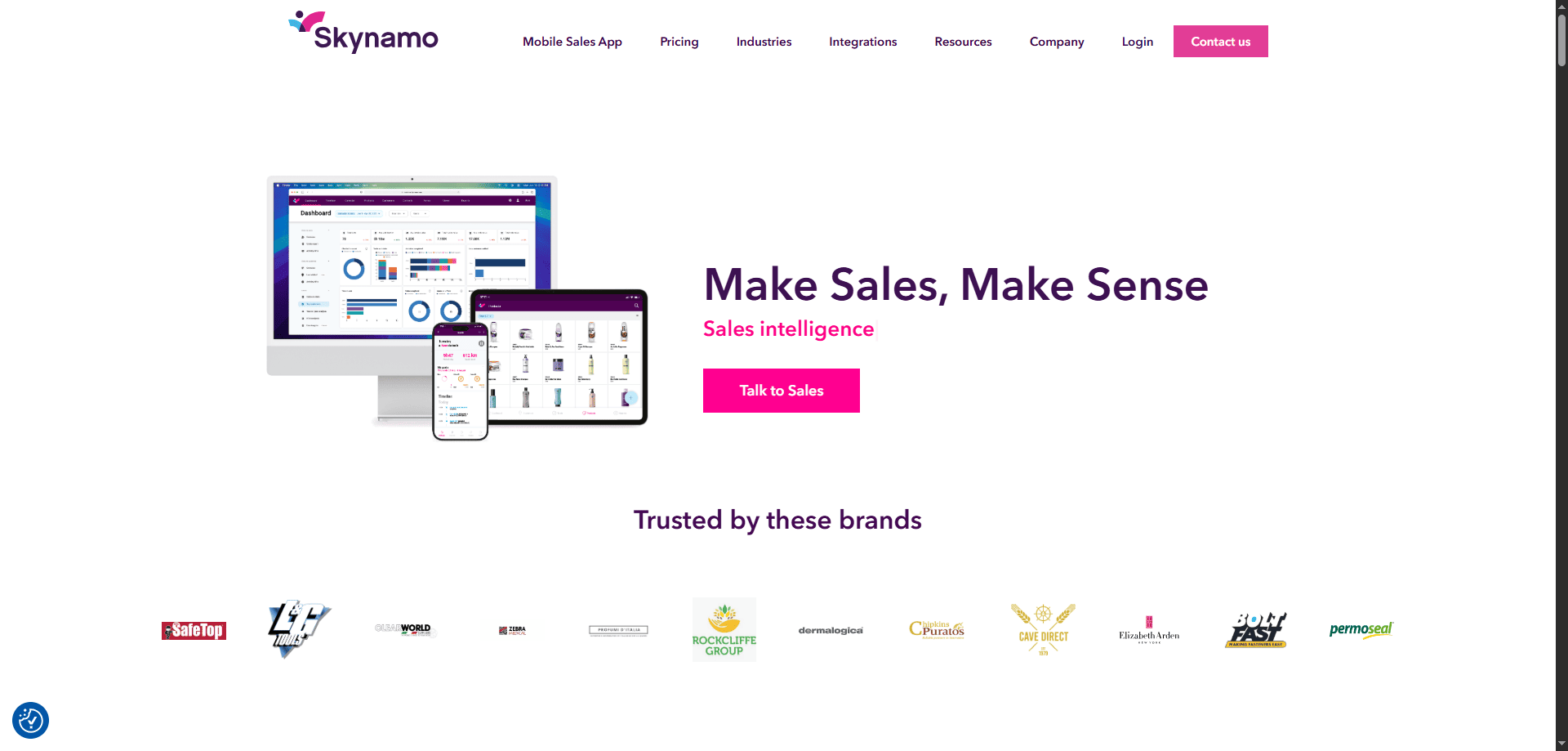 Skynamo homepage showcasing sales intelligence and mapping tools on multiple devices, with "Make Sales, Make Sense" headline and partner logos.