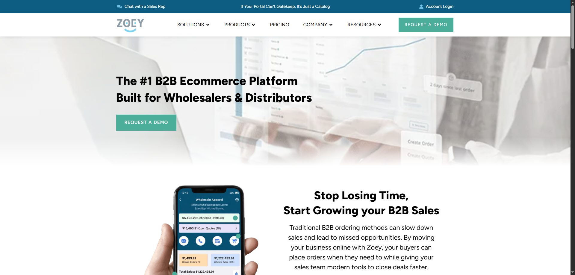 Zoey website homepage showcasing a B2B ecommerce platform, Request a Demo button, and mobile portal for food distribution businesses.