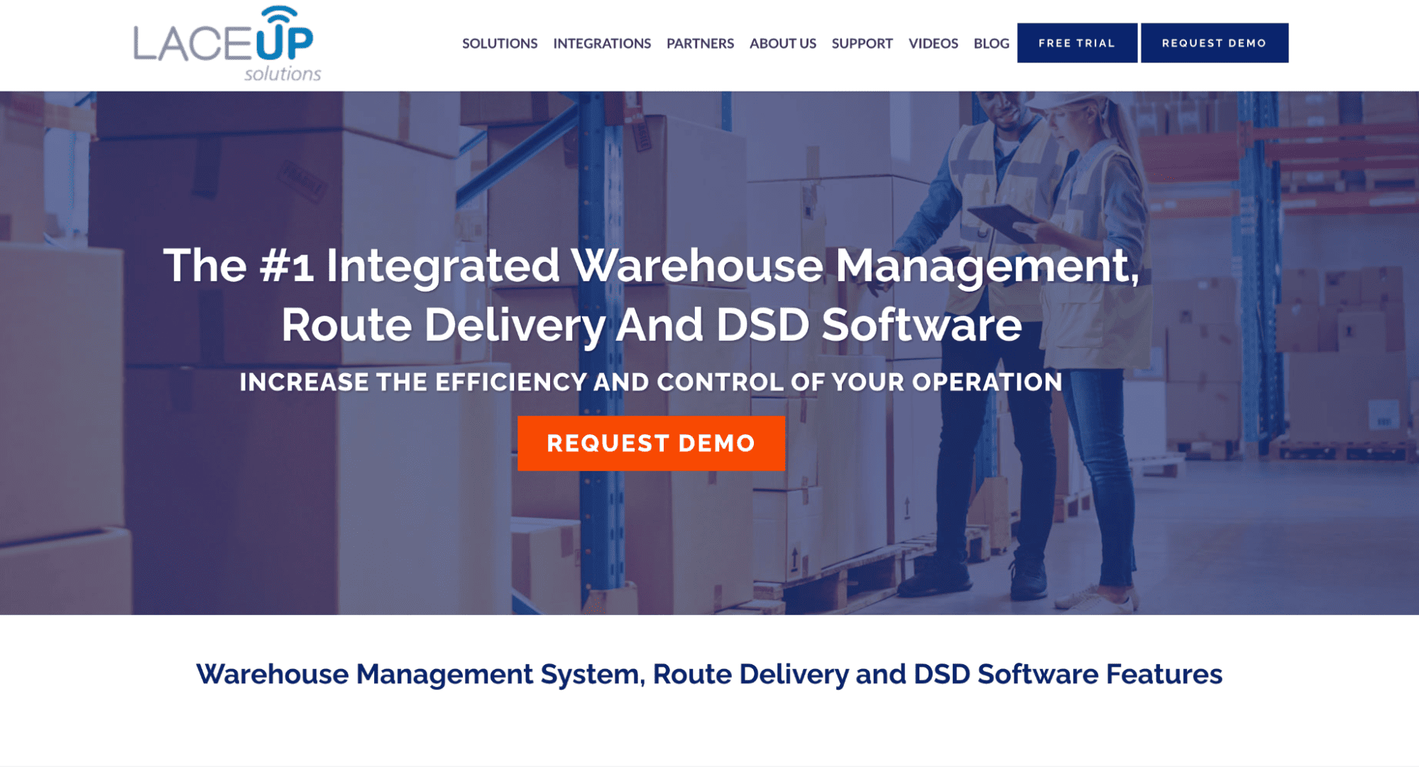 LACEUP Solutions homepage with a warehouse background, bold headlines for warehouse software, DSD route accounting, and Request Demo button.