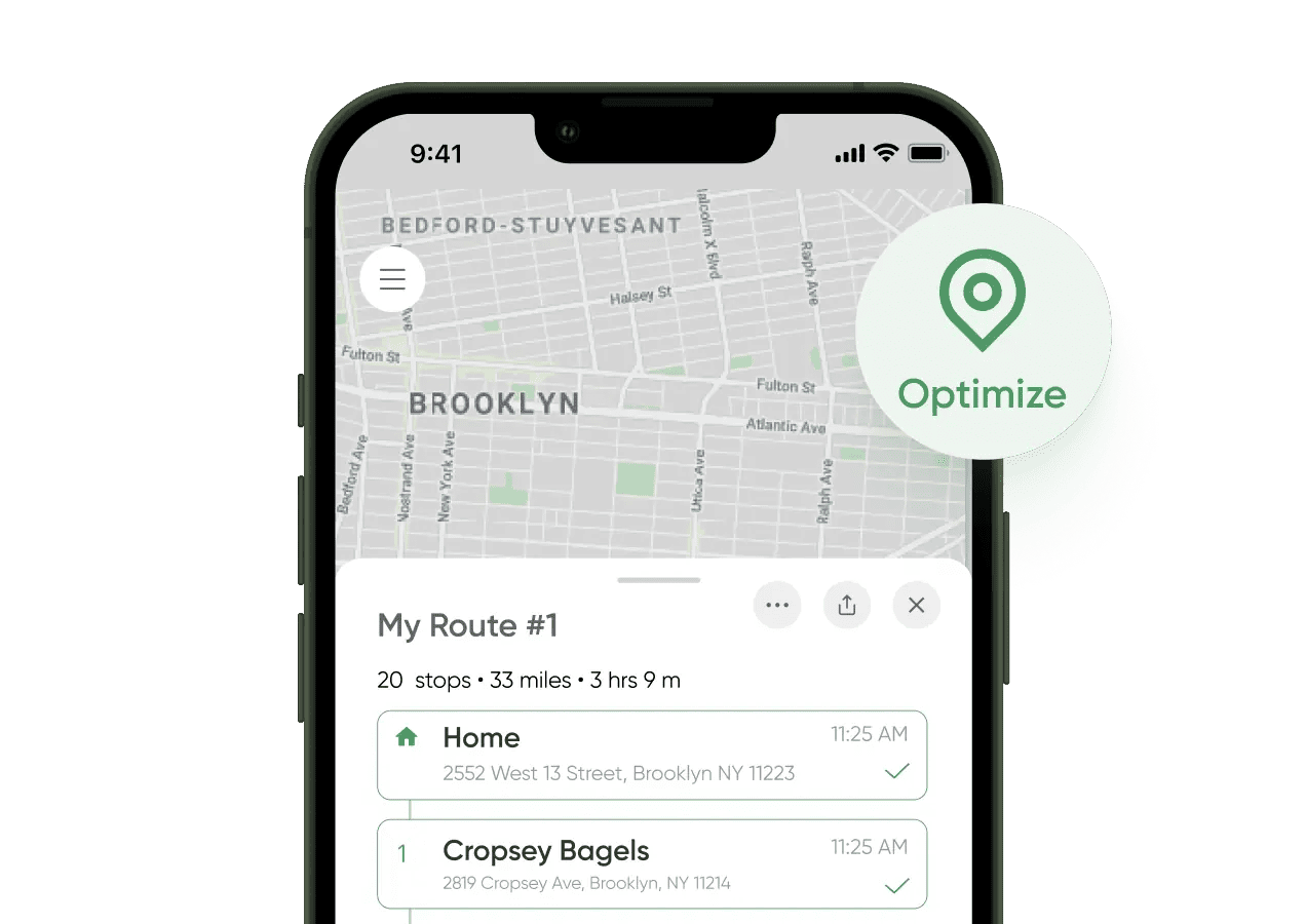 A smartphone shows a Brooklyn map in a route planner app with stops like Home and Cropsey Bagels, plus a green Optimize icon.