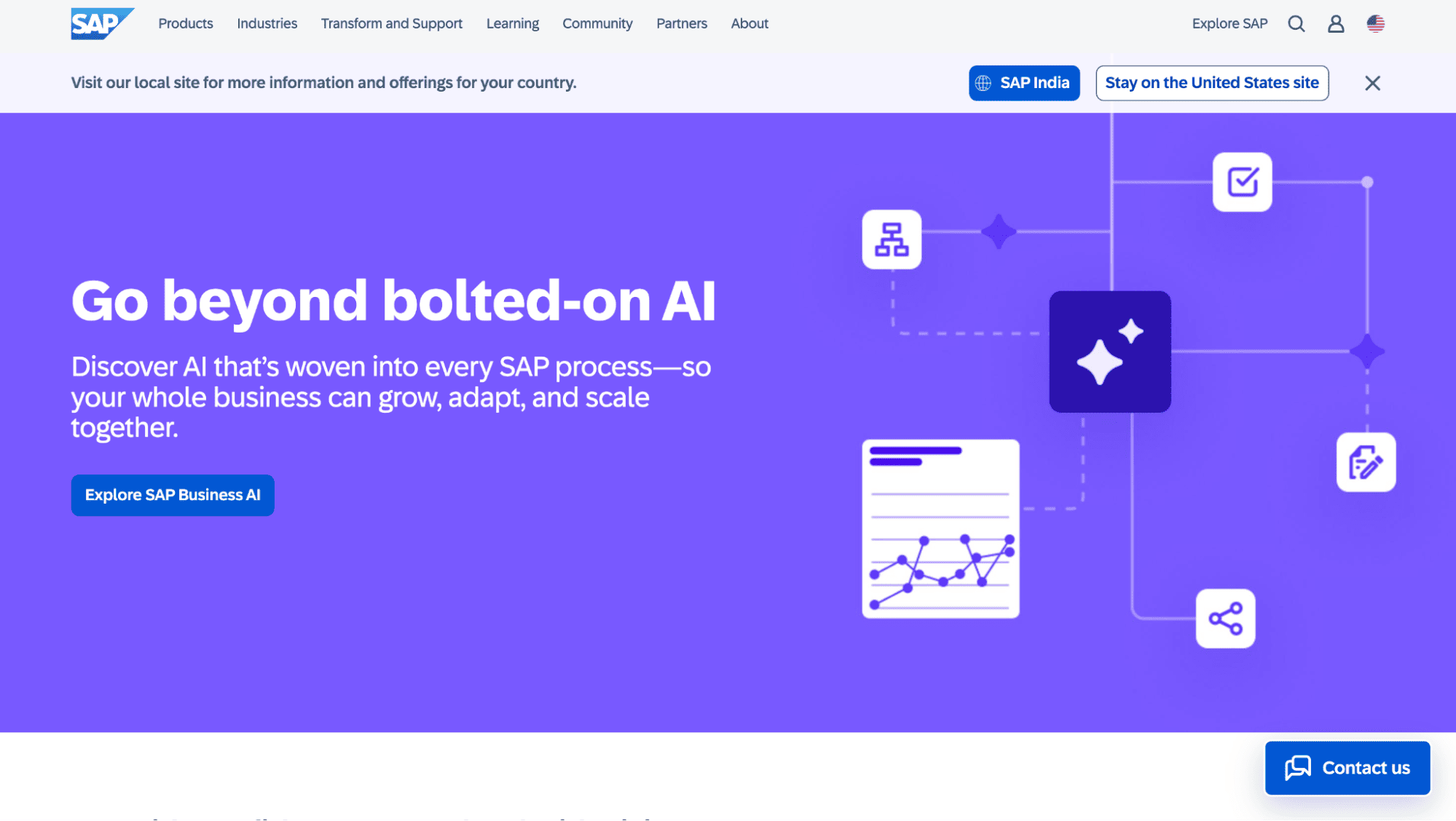 SAP webpage with a purple background showcasing integrated AI and DSD route accounting, chart graphic, and options for SAP Business AI or support.