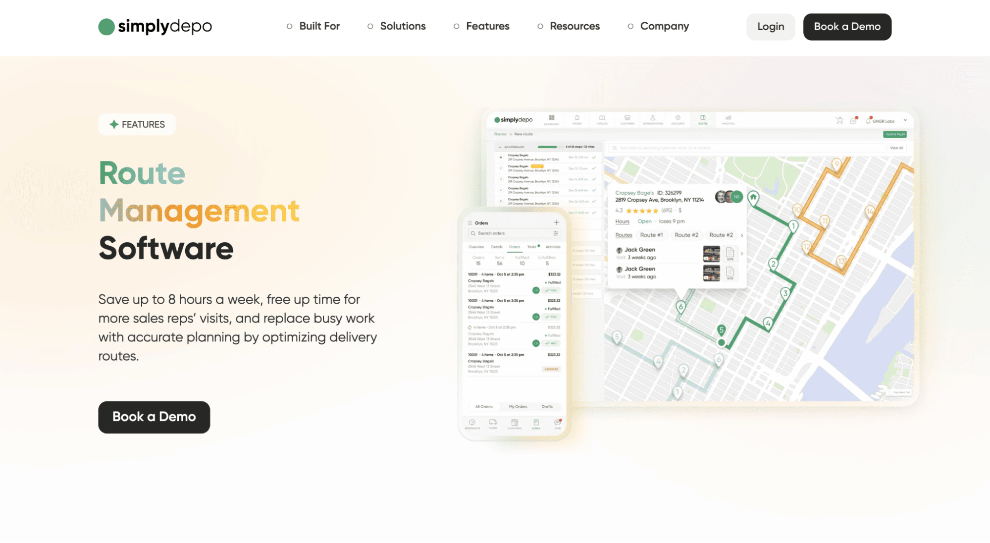 SimplyDepo Route Management Software webpage with phone and computer showing delivery maps, feature highlights, and demo/login buttons.
