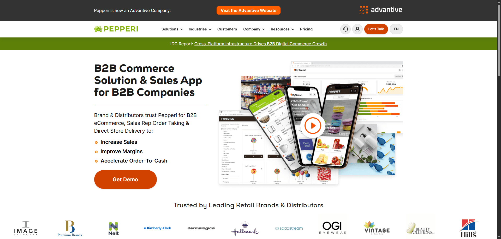 Pepperi homepage screenshot with mobile app demos, B2B commerce headline, field sales info, and partner logos displayed below.