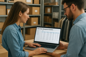 Two workers in a warehouse review order details - Order Management System Vendors 