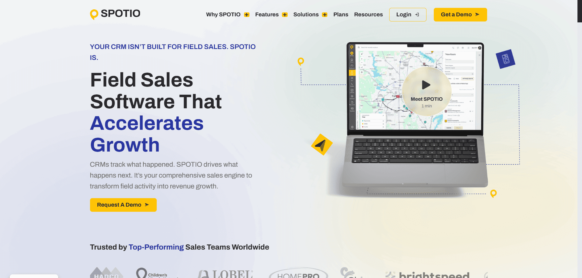 SPOTIO homepage screenshot with field sales automation headline, map and laptop illustration, trusted company logos, and yellow demo button.