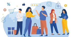 Five people converse near shopping bags - Shopify Plus Alternatives 