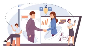A business man and woman shake hands, finalizing a B2B eCommerce deal - B2B Ecommerce Workflow