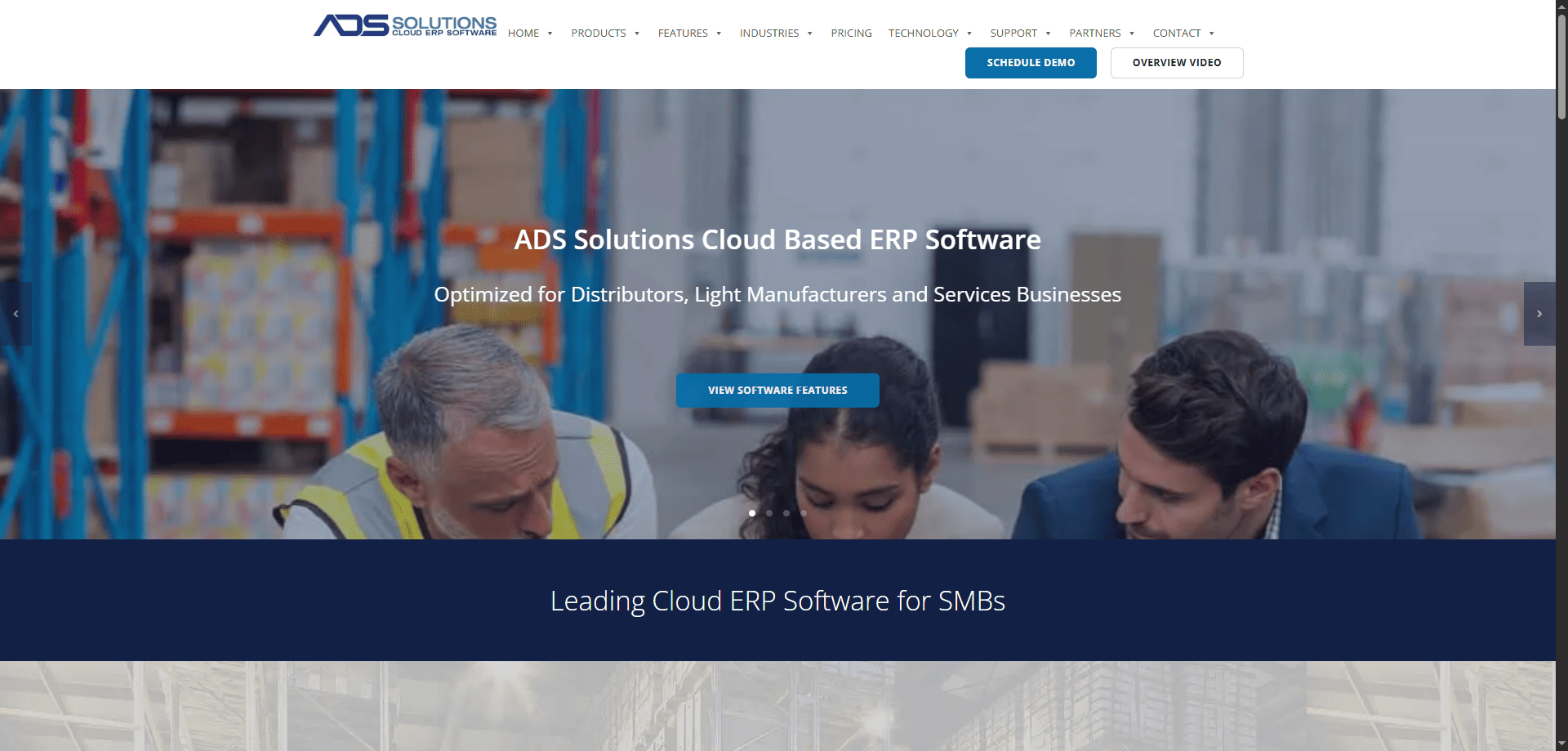 ADS Solutions homepage screenshot shows a warehouse team and promotes cloud ERP software; blue button invites exploring route features.