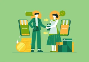 Businessman in suit and woman in apron shake hands - B2B Ecommerce Workflow