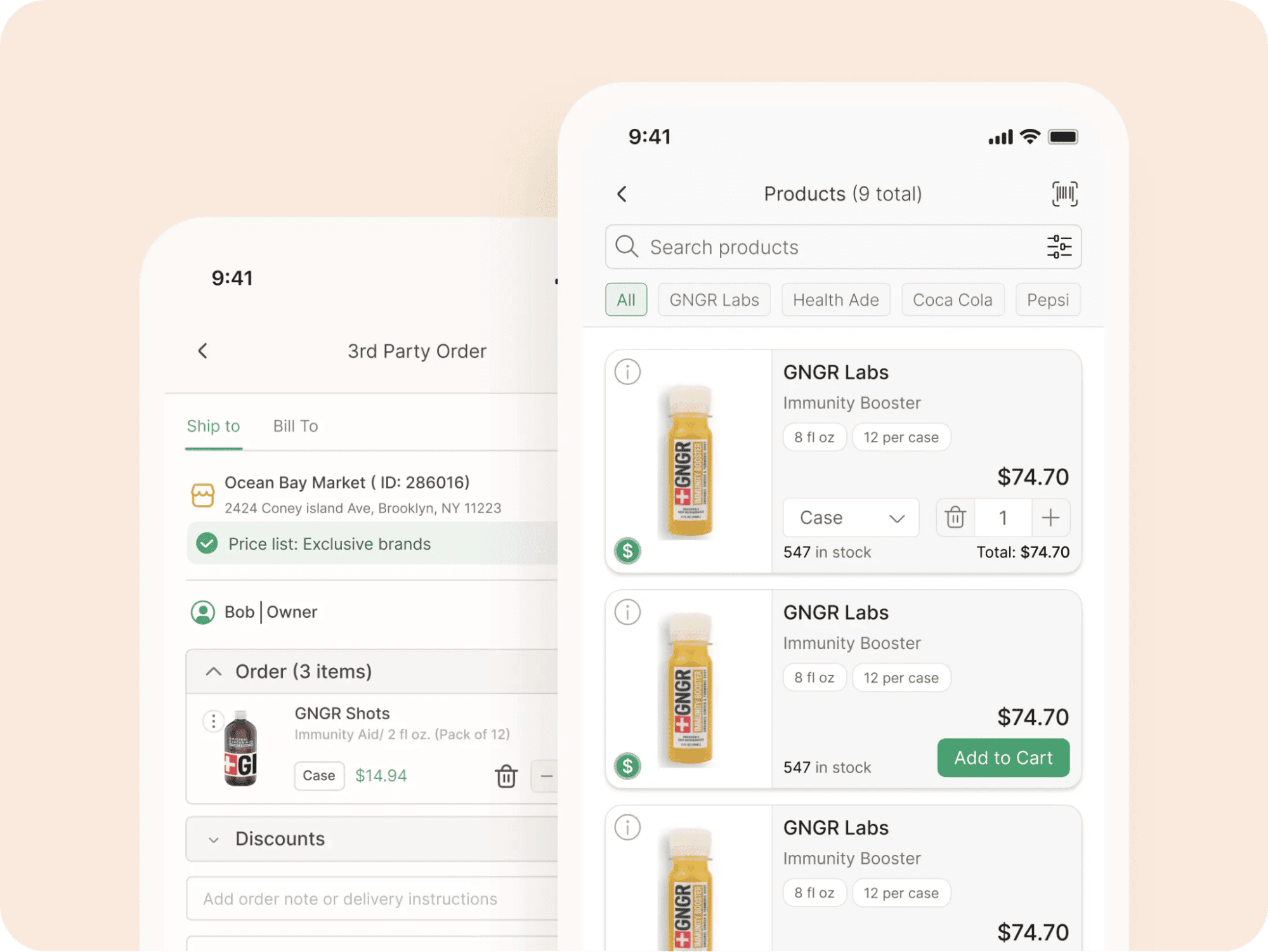 Two overlapping smartphones show a beverage ordering app: one with a 3rd party order summary, one with GNGR Labs Immunity Booster shots.